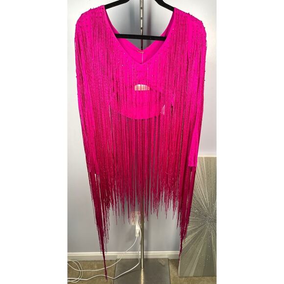 Cult Gaia Lorena Fringe Crystal Embellished Long Sleeve Pink Crop Top Size Small - Picture 4 of 11